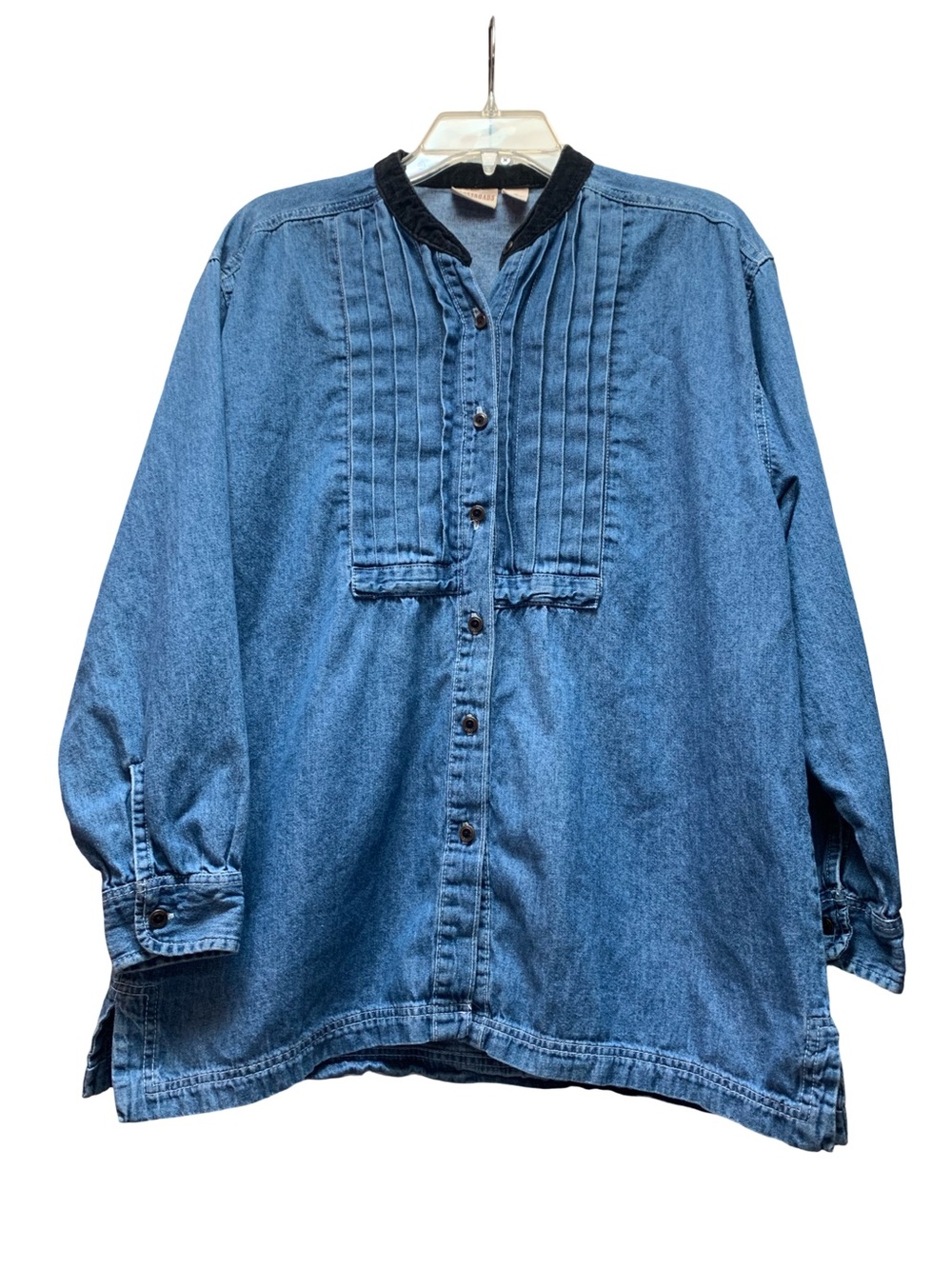 Denim Pintuck Front Button-Down Blouse - Blue